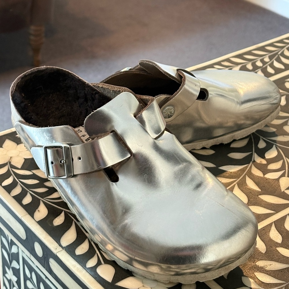 Birkenstock Silver Metallic Fur lined Clogs 37